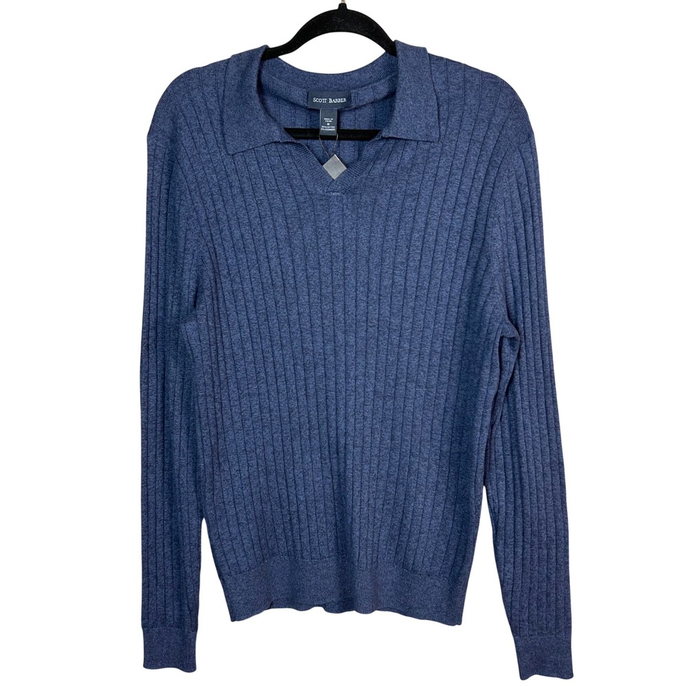 Scott Barber Polo Sweater Mens Medium Lightweight Cotton Cashmere Ribbed NWT